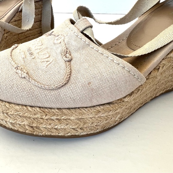 PRADA Beige Canvas Ankle Strap Lace Wrap Platform Wedges Sandal Espadrille Sz 38 - Picture 13 of 15